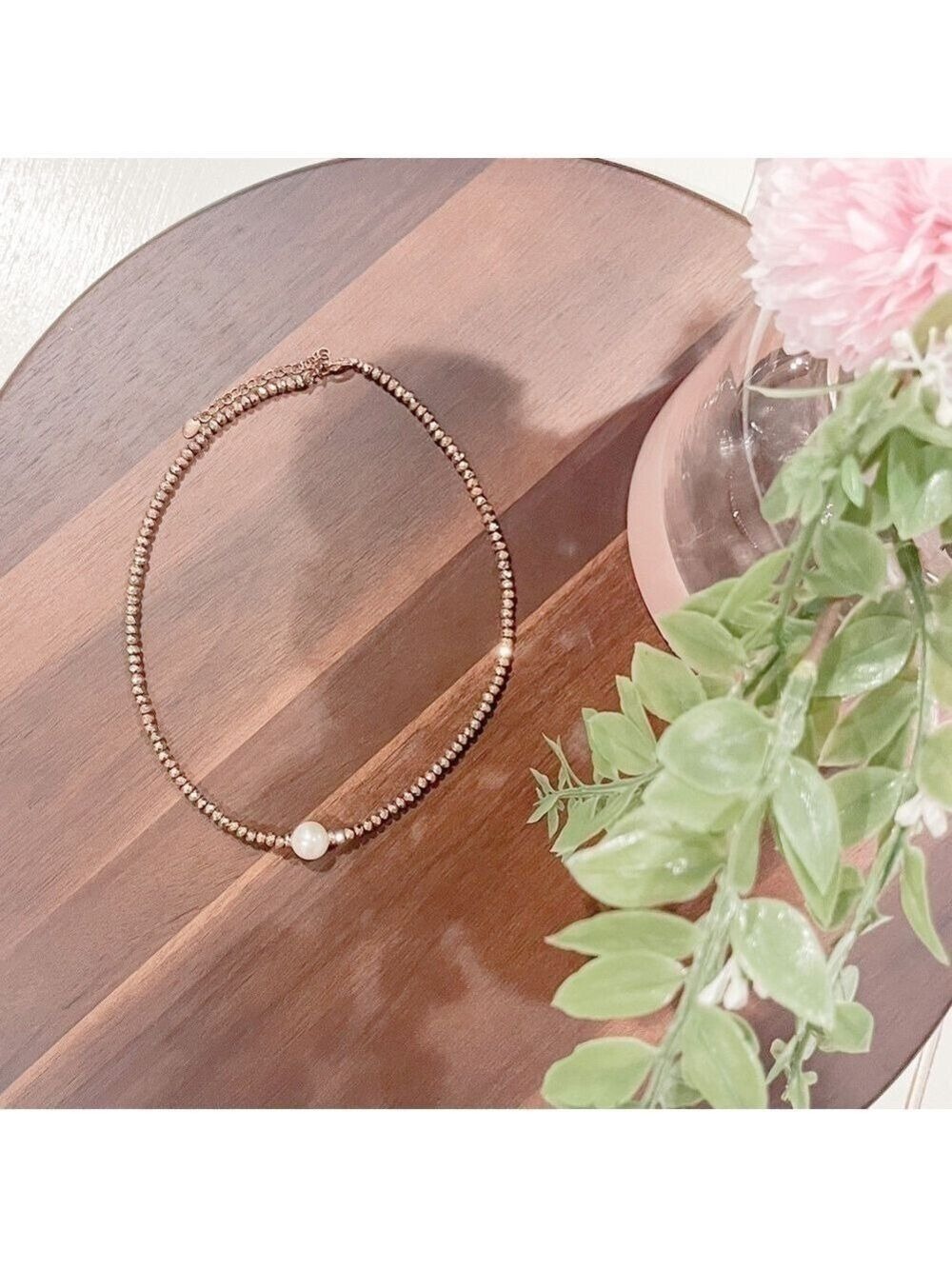 LUC 925 Rose Gold Beaded Necklace Pearl Accent 12” Minimalist Sterling Silver